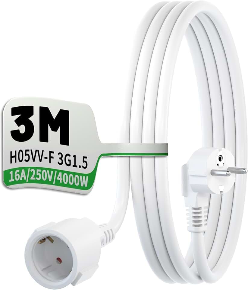 POWGRN Verlängerungskabel 3M Weiß H05VV-F 3G1.5 mm², mit Schuko-Schutz