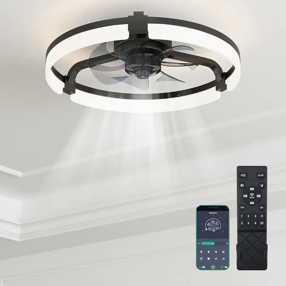 OLIXIS Ceiling Fans with Lights and Remote, 19.7 Inch Ceiling Fan, 3000K-6500K Dimmable LED Low Profile Fandelier with 6-Hour Timer, Flush Mount for Bedroom, 16 Brightness Levels, App Control, Black