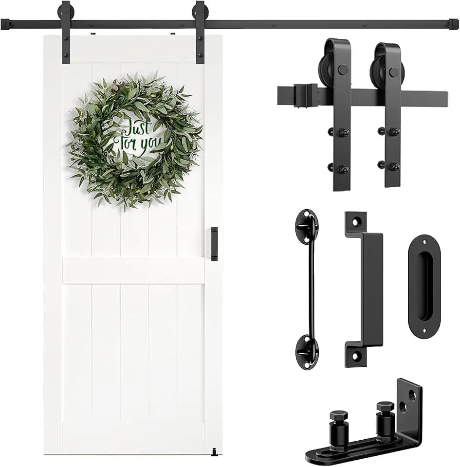 Arti-Life Barn Door Hardware Kit 6.6FT Heavy Duty Sliding Door Track Kit with Floor Guide and 2 Handles with Lock, Smoothly Hardware Kits for Interior Exterior Fit 36"-40" Wide Panel (J Shape Hanger)