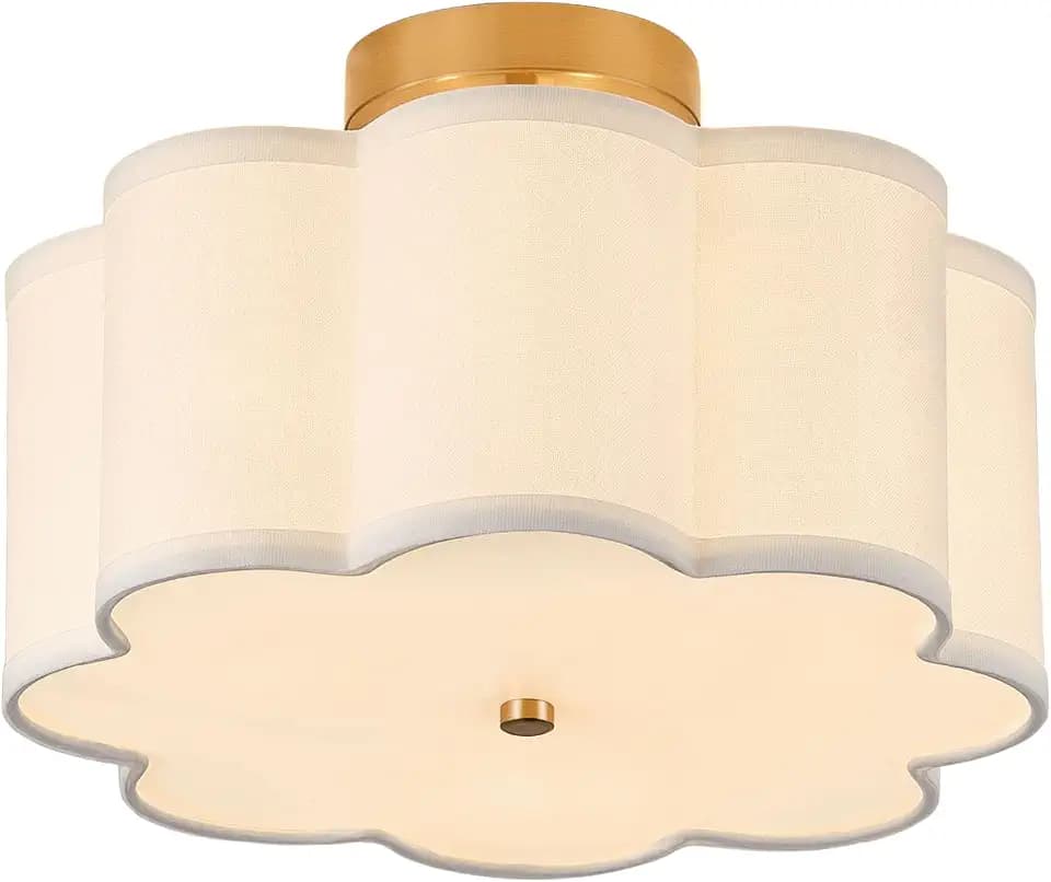 13.3"Semi Flush Mount Ceiling Light Fixture, 3-Light Modern Close to Ceiling Light With Fabric Flower-Shaped Shade, Light Fixtures Ceiling Mount for Bedroom Nursery Kids Room Living Room(Gold)