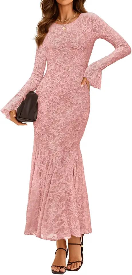 ZESICA Women's Long Sleeve Floral Lace Cocktail Wedding Guest Maxi Dresses