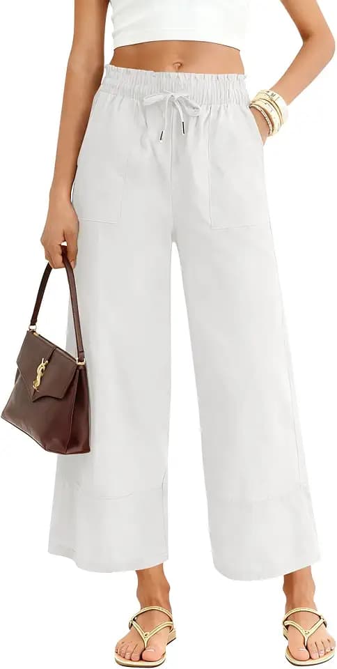 LOMON Women's Casual Wide Leg Pants Drawstring Elastic Waist Flowy Palazzo Pants with Pockets