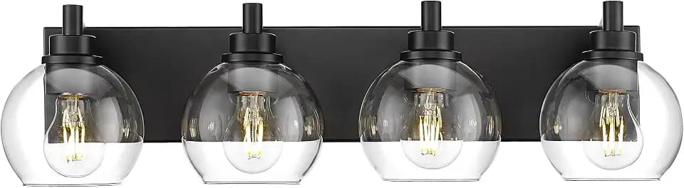 4-Light Matte Black Bathroom Vanity Light, Clear Glass Globe Shade
