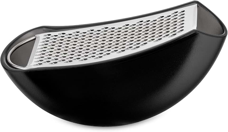 Alessi "Parmenide", Reibe mit Käsedose aus thermoplastischem Harz schwarz, und Reibe aus Edelstahl glänzend poliert, thermoplastischem Harz, schwarz und Edelstahl glänzend poliert, 15,3 x 7,5 x 6,7 cm, AARU01 B