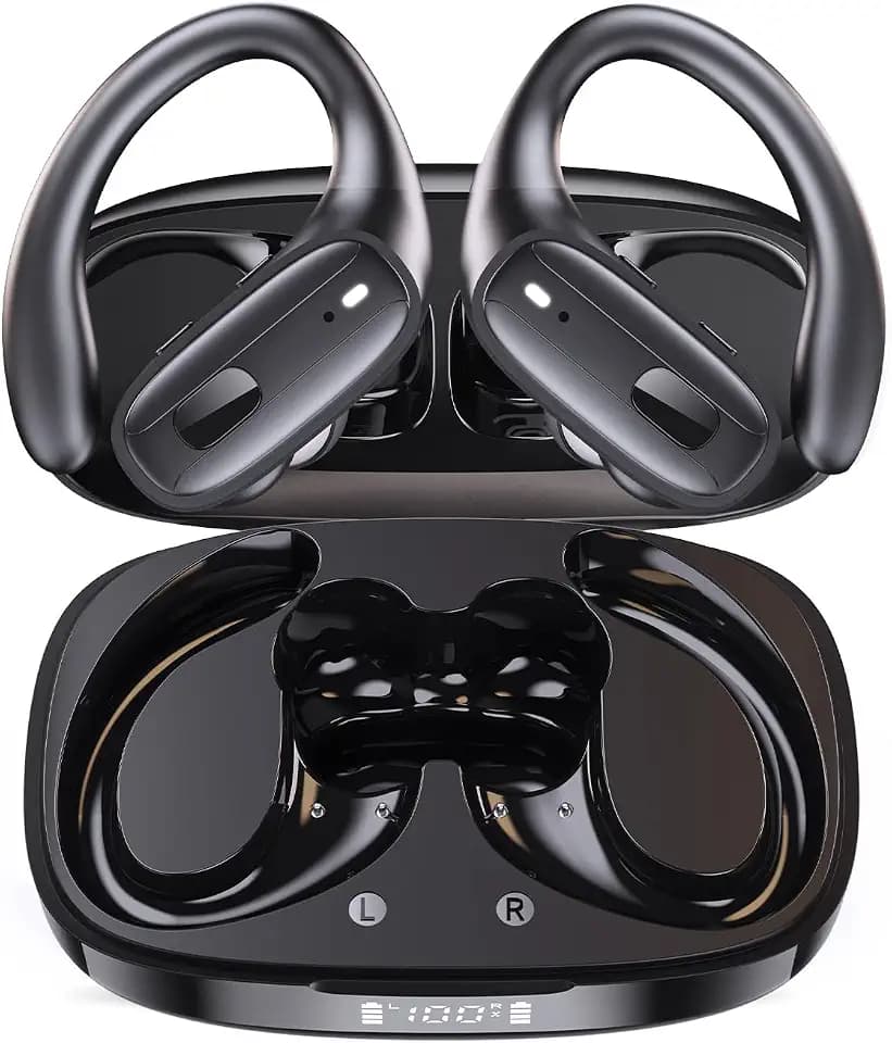 LEEMC Wireless Earbuds with Hooks for Sports, Bluetooth Headphones 5.4, Noise Canceling Ear Buds, 80Hr Playtime, LED Display, IPX7 Waterproof Earphones for Workout Running,Ebony