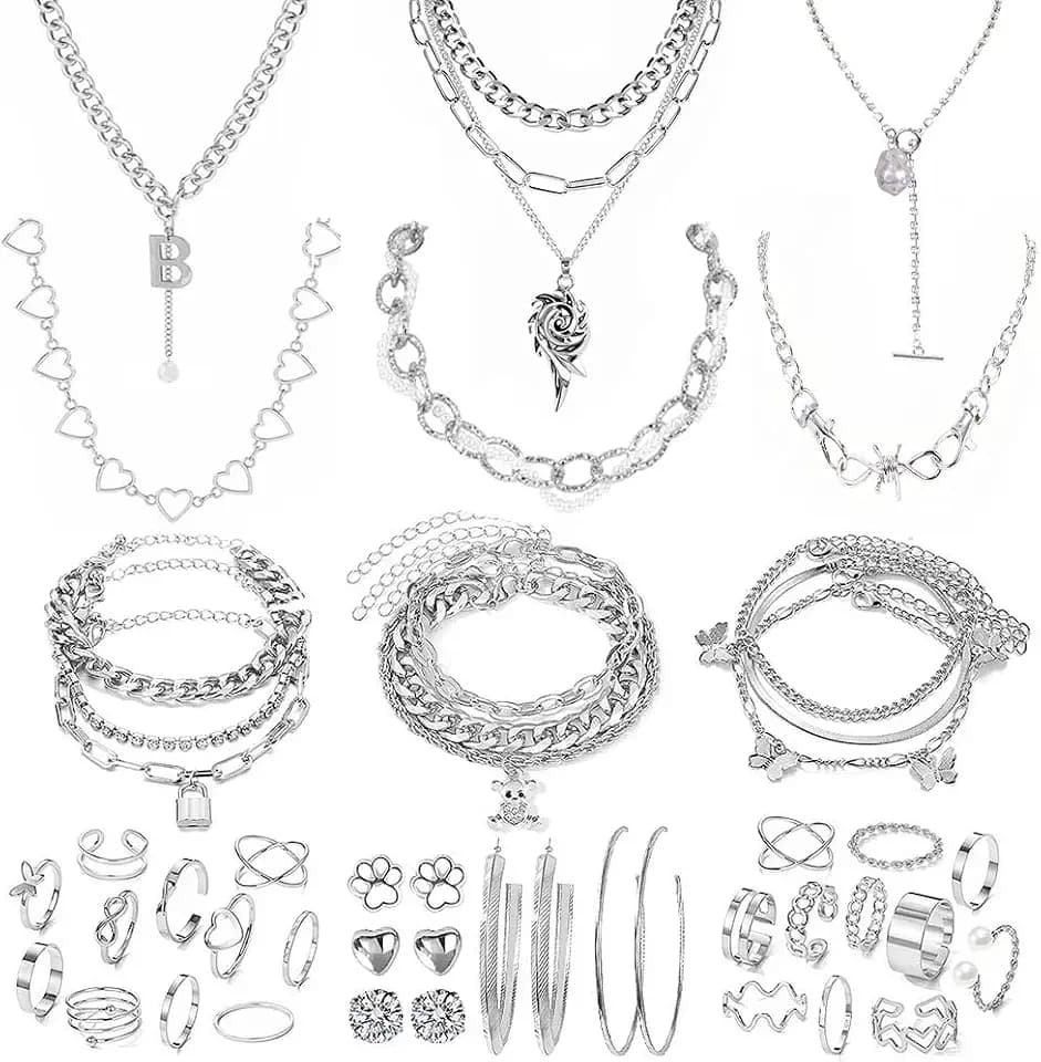 Stocking Stuffers Gold plate and Silver Plated Jewelry Sets Stocking Stuffers for Women Costume Jewelry Chain Necklace Bracelet Earrings and Rings Sets for Women Bulk Jewelry