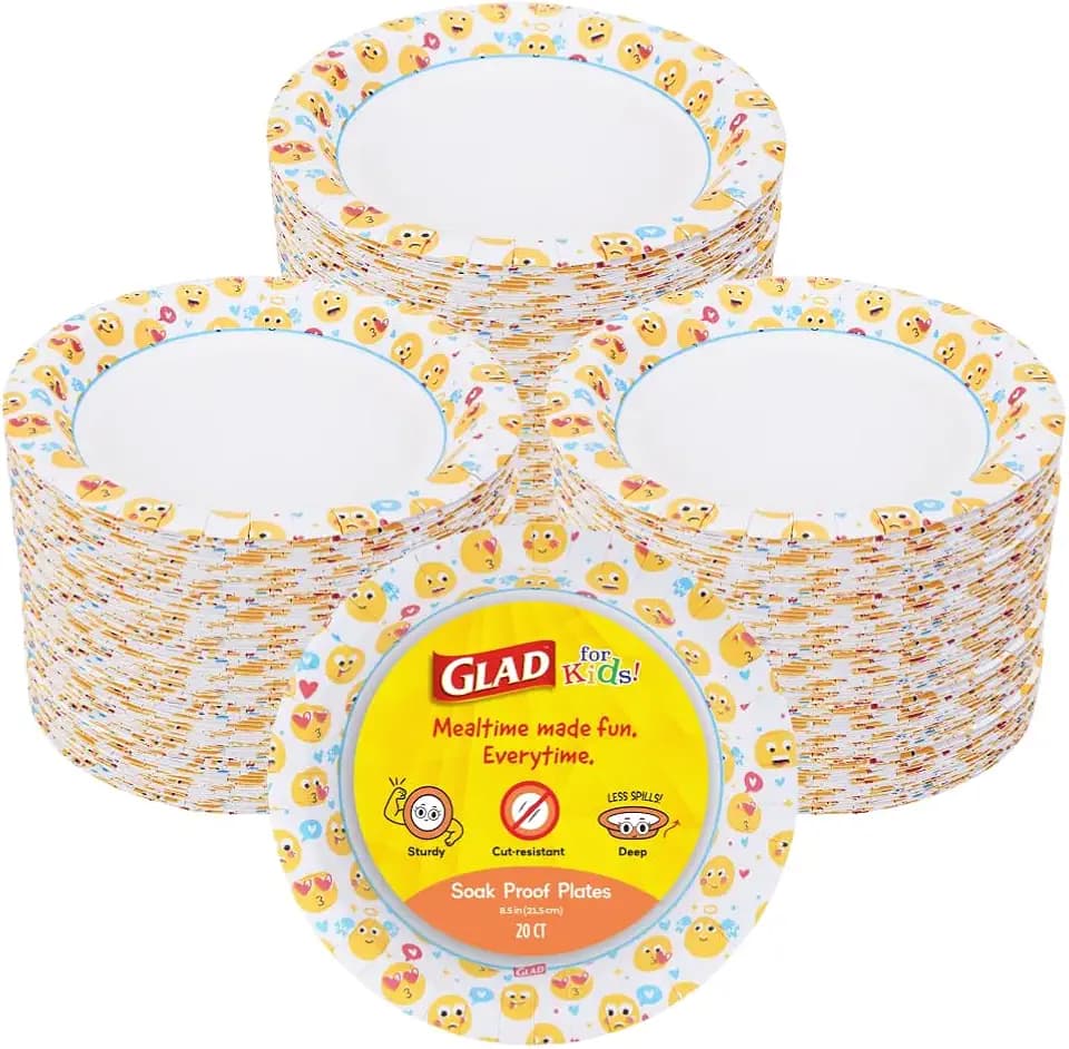 Glad for Kids Emoji Disposable Paper Plates, 8.5 Inch, 20 Count, 6-Pack