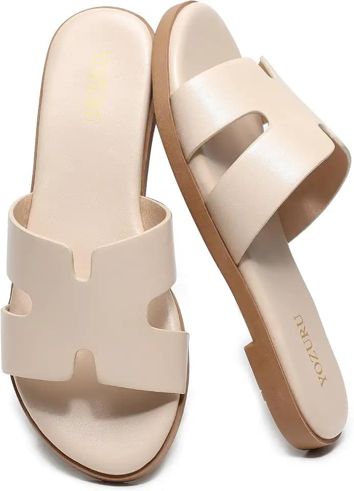 Yozuru Womens Flat Sandals Dressy Summer Slides Comfortable Leather Sandals