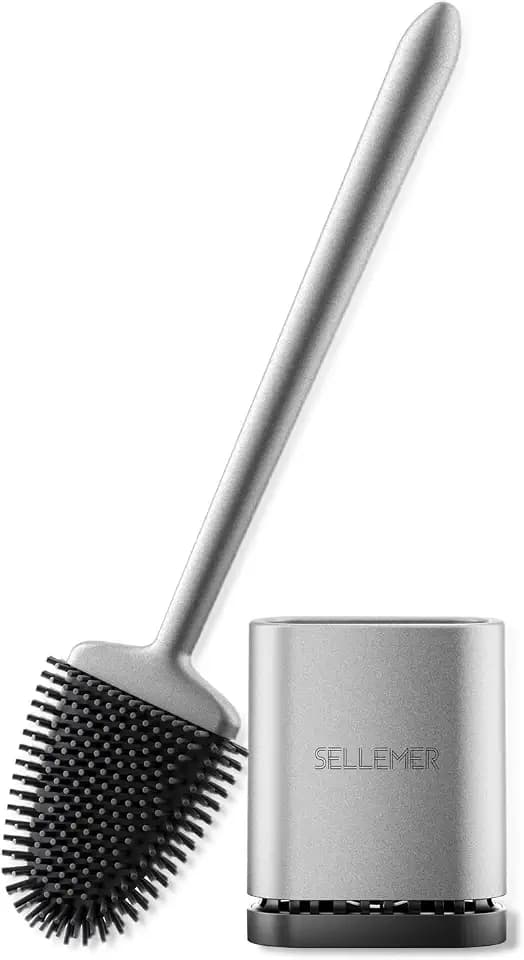 Sellemer Klobürste Silikon, Wand/Fuß Montierte WC Bürste, mit Schnell Trocknendem Halter, Flexible Silikon Toilettenbürste für Toilette(Silber)