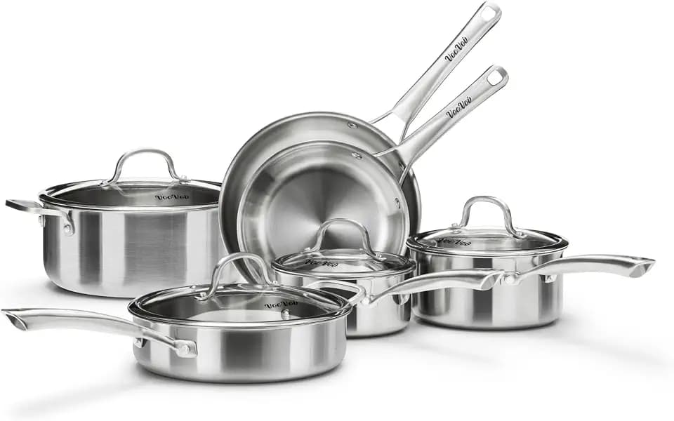 Stainless Steel Cookware Set,Tir-Ply Pots and Pans Set,10 Pcs Stainless Steel Induction Kitchen Cookware Sets,PFOA Free, Frying Pans, Butter warmer,Saute Pan & Stock Pot,Compatible with All Cooktops