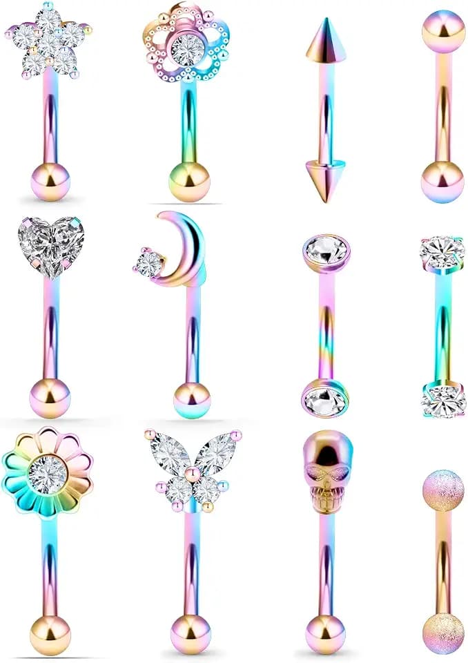 Oufksiyy 16G Rook Piercing Jewerlry Surgical Steel Eyebrow Piercing Jewelry Flower Crystal Heart CZ Moon Shape Eyebrow Rings Snake Eyes Rook Earrings for Women Men Tongue Retainer，Silver Barbell
