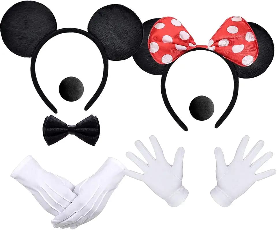iZoeL 2Stk Haarreifen mit Maus Ohren Rote Schleife und Schwarz + 2 weiße Handschuhe + 2 Nase + 1 Fliege Schleife,Fasachingkostüme Accessoire Karneval Mottoparty Cosplay Halloween Kostüm