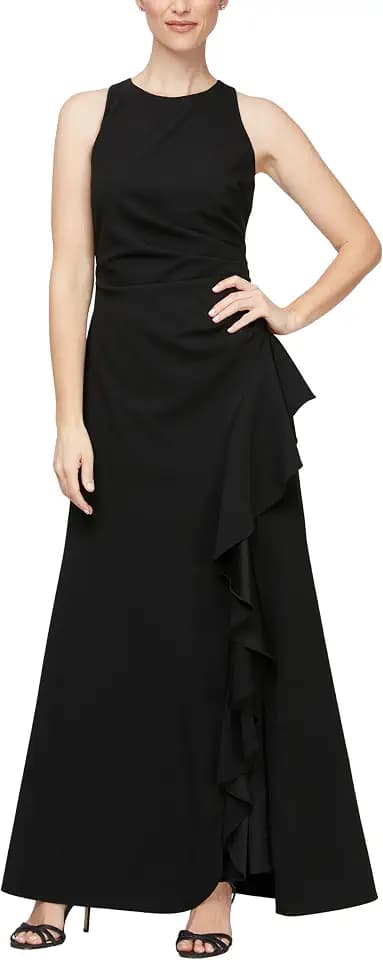 Alex Evenings Women's Long Cascade Ruffle Sleeveless Gown with Leg Slit, Mother of The Bride Dress, Elegant Party Gown
