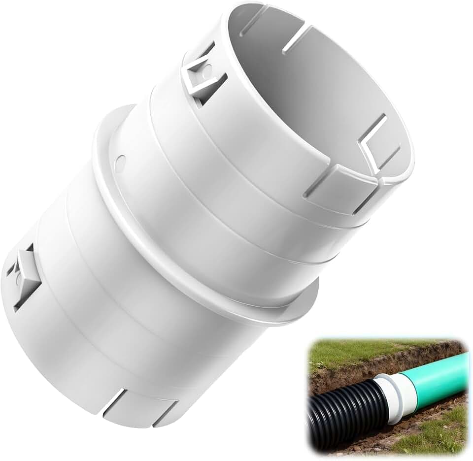 4" Universal Pipe Connector, Corrugated to PVC Pipe Adapter, Yard Drainage Coupler for Sump Pump Discharge & Downspout Extensions, Fits 4" SCH 40, 4" SDR 35 & 4" Corrugated Pipe - white