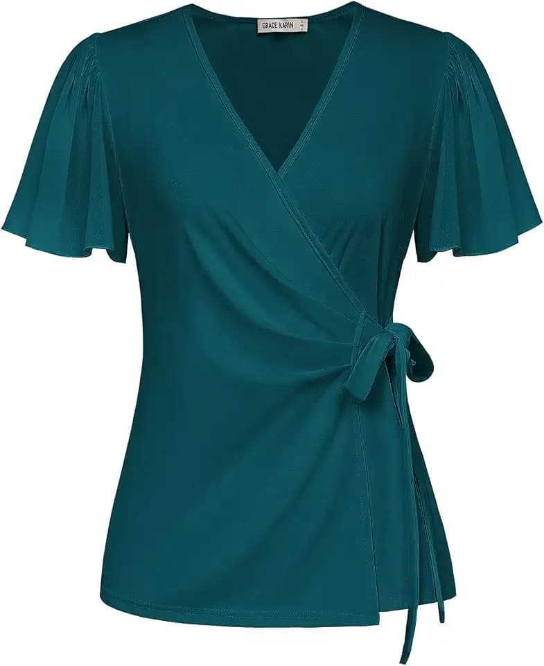 GRACE KARIN Damen Wickelbluse Elegant V-Ausschnitt Tunika Fließende Chiffon Kurzarm Oberteile Basic Loose Fit Sommer Freizeit Top
