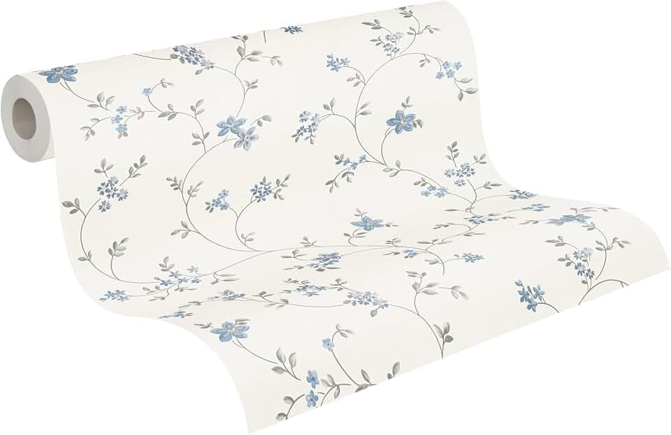 A.S. Création Maison Charme Vliestapete mit floralem Muster 0,53 x 10,05 m – Creme, Grau, Blau – Blumentapete im Landhausstil Made in Germany – 390713