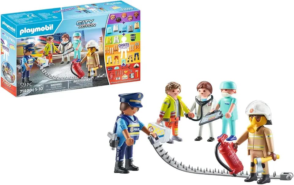 PLAYMOBIL My Figures 71400 Rescue, City Action, 5 Spielfiguren mit über 1000 Kombinationsmöglichkeiten, mit Zubehör wie Feuerlöscher, Erste Hilfekoffer und Pistole, Spielzeug für Kinder ab 5 Jahren