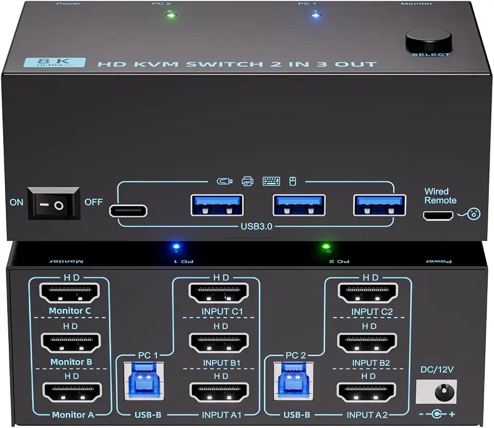 HDMI KVM Switch 3 Monitors 2 Computers 8K@60Hz/4K@120Hz, USB3.0 KVM Switches 2 Computers for 2 PC Sharing Triple Monitor and Keyboard Mouse, Wired Controller and USB Cables Including