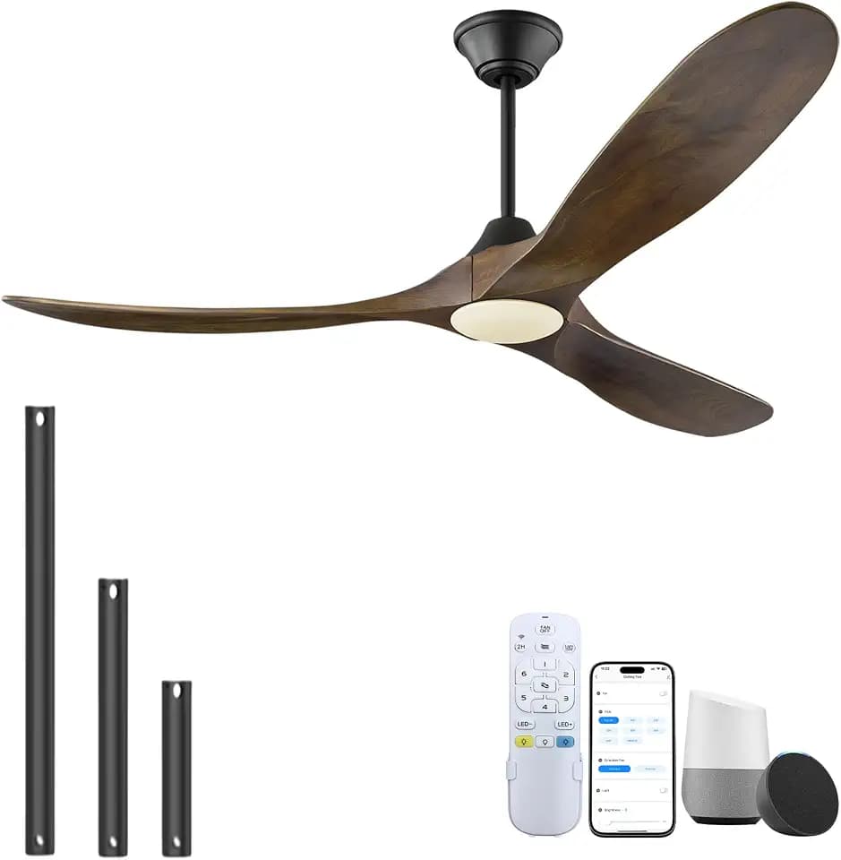 60 Inch Outdoor Smart Ceiling Fan with Lights-3 Walnut Wood Propeller Blade