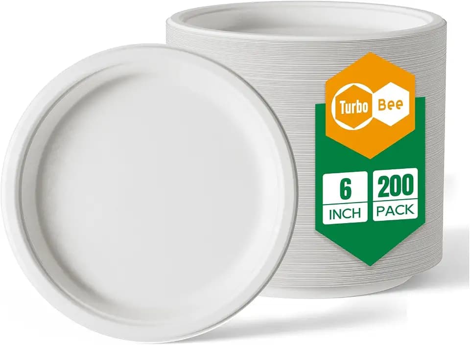 Turbo Bee 200Pack Paper Plates 6 inch 100% Compostable White, Heavy-Duty Disposable Paper Plates Bagasse Natural Biodegradable Eco-Friendly Sugarcane for Parties Picnics