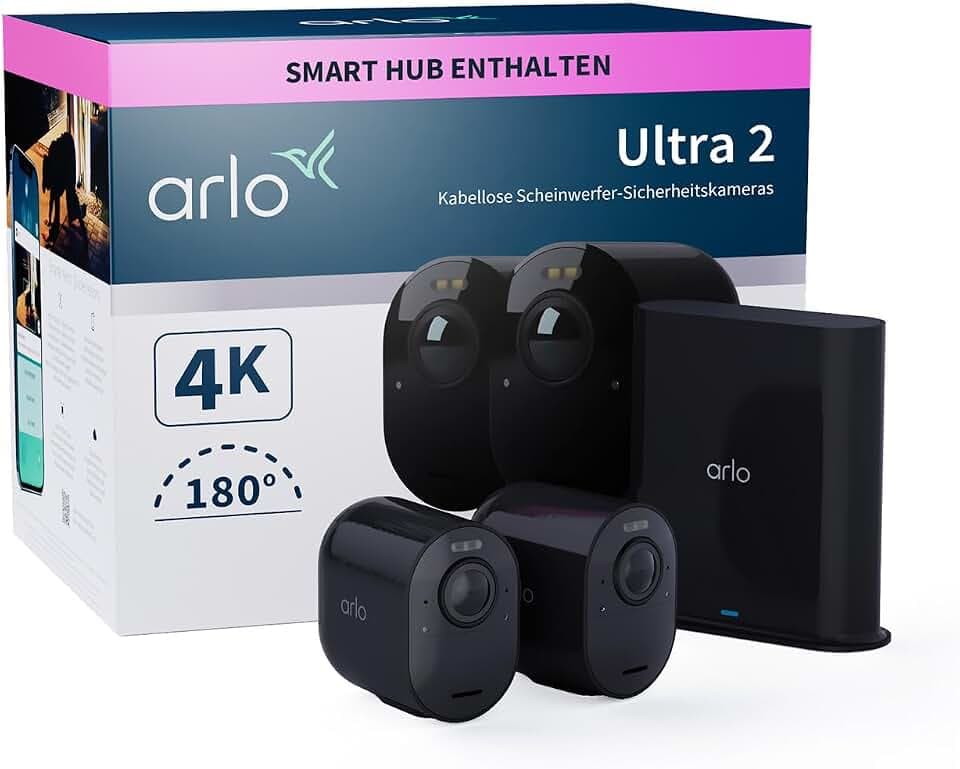 Arlo Ultra 2 Überwachungskamera Aussen WLAN, Kabellos, 2er Set, 4K UHD Qualitätsprodukt, 180° Sichtfeld, Spotlight, Farb-Nachtsicht, Bewegungsmelder, Alarm Sirene + mit Arlo Secure Testzeitraum