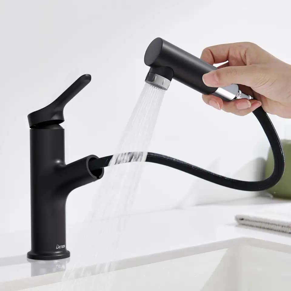 Wasserhahn Bad mit Ausziehbar Brause DETBOM, 2 Strahlarten, Mattschwarz