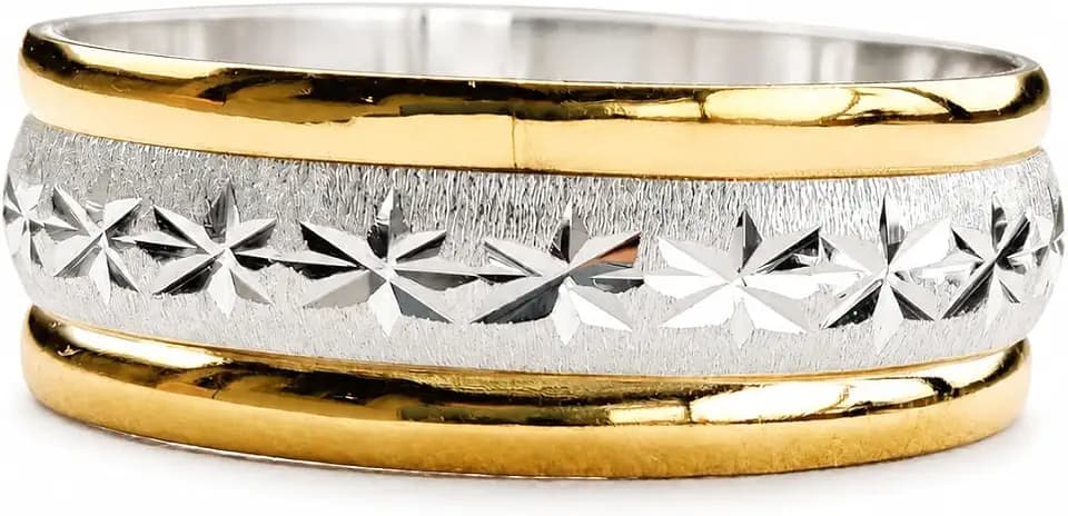 Sterling Silver Two-Tone wedding Band Ring, Gold and Silver Diamond-Cut Pattern, made 925 Silver and 18k plated on the borders
