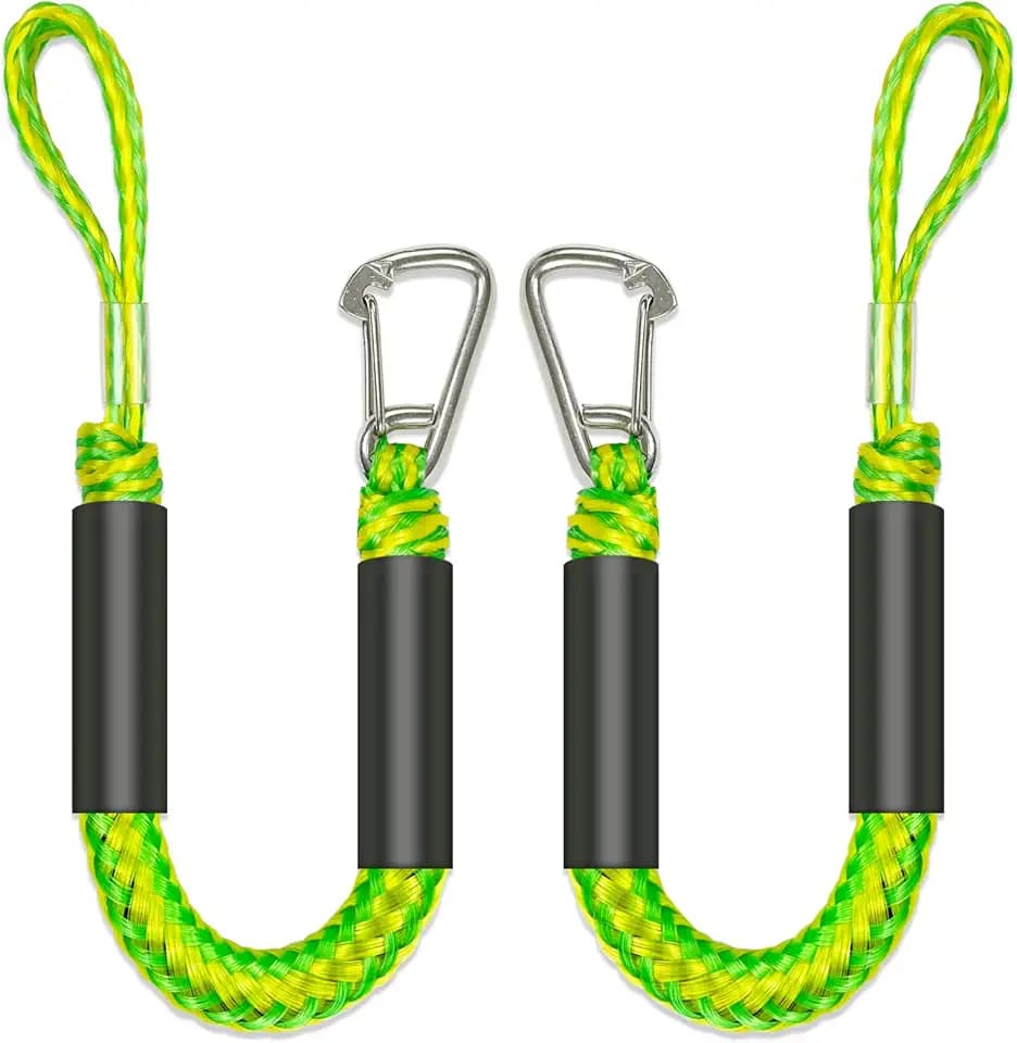 2PCS Fender Lines 2 Feet Premium Bungee Boat Lines with 316 Stainless Clip for Boat Bumper/Boat Fender Boat Accessories for Mooring for Jet Ski, SeaDoo, Dinghy (Green&Yellow, 2 Feet)