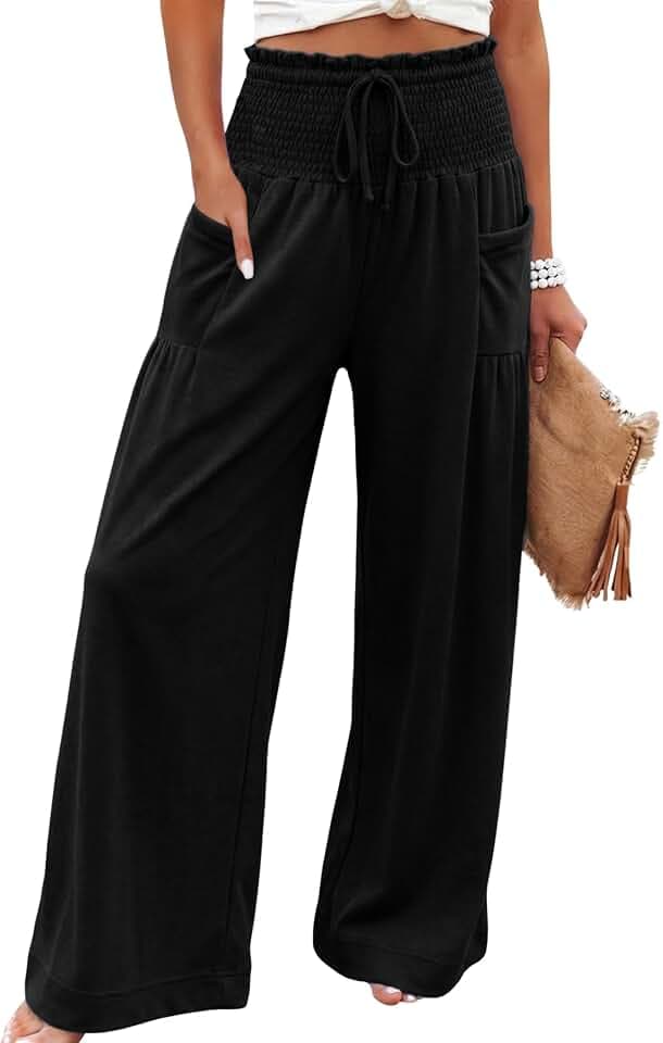 Athlisan Womens Baggy Wide Leg Palazzo Pants Casual Boho Smocked High Waist Lounge Trousers Beach Travel Vacation Outfits