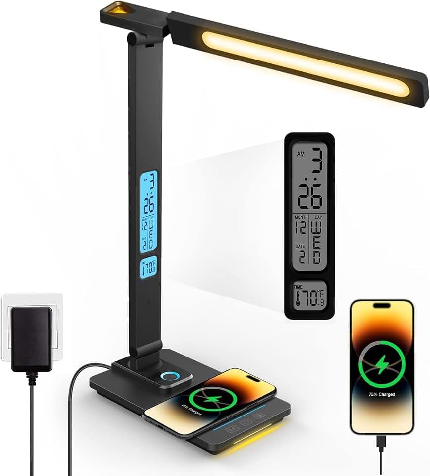 Schreibtischlampe LED Dimmbar mit Ladefunktion Uhr - Tischlampe Nachtlicht mit 10W Kabellosem Ladegerät, USB-Ladeanschluss Klappbare Schreibtisch Lampe, Touch 5-stufig Dimmbare Beleuchtung, 3 Modi