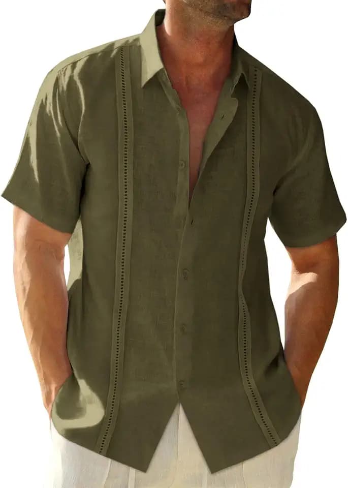 Runcati Mens Linen Cuban Guayabera Shirts Button Down Short Sleeve Shirt