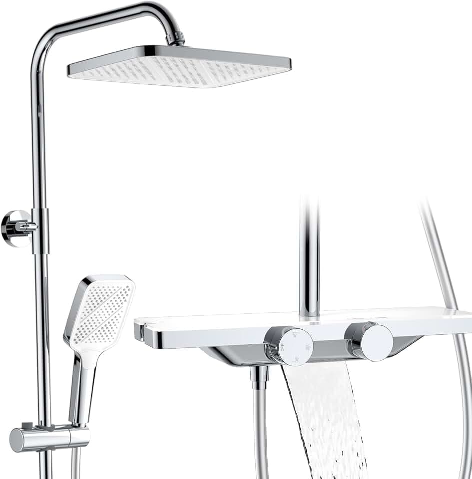 HOMELODY Duschsystem mit Thermostat und Glasablage Chrom, 30 cm Regendusche