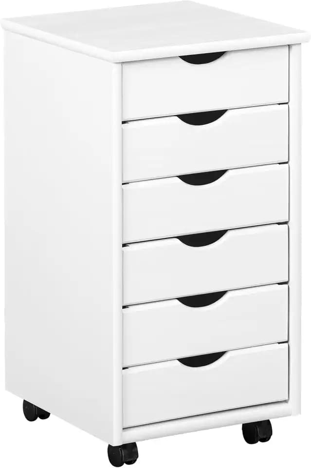 Inter Link – Rollcontainer – Rollcontainer mit 6 Schubladen – Bürocontainer - Rollschrank – Rollwagen – Schubladenkommode - Massiv Kieferholz – Weiß Lackiert - 35 x 40 x 65 cm - Simon