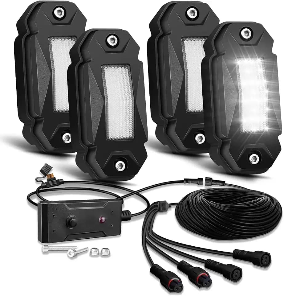 R2 White LED Rock Lights Kits with Switch Wire Harness 4PCS for Trucks Off Road RZR SUV ATV UTV Super Bright Pure White Under Glow Lights Trail TRAI Rig Lights High Power Waterproof