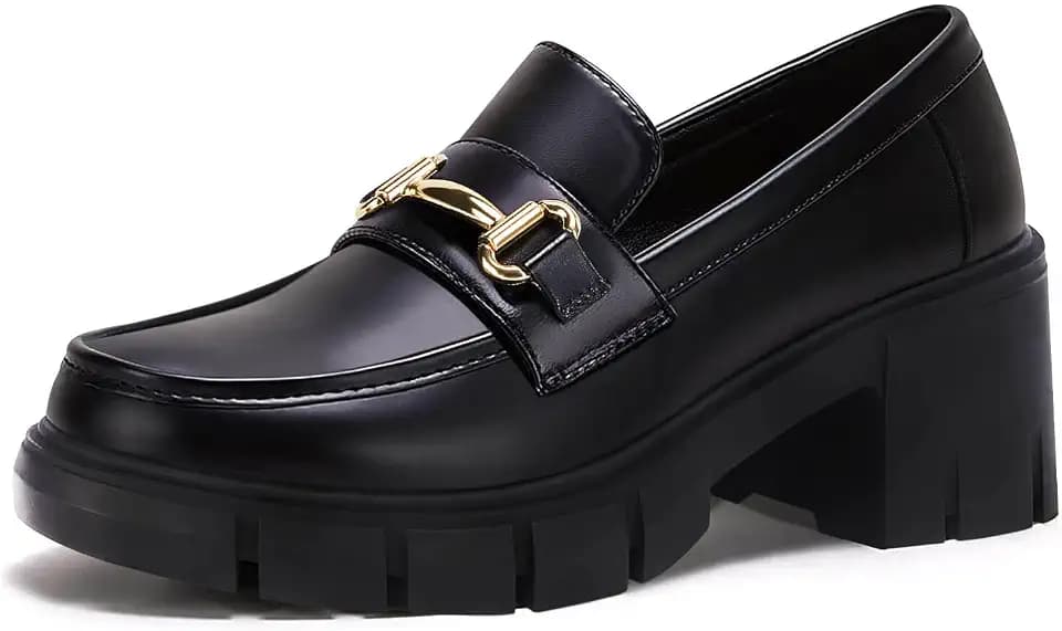 Coutgo Womens Chunky Platform Lug Sole Loafers Mid Heel Square Toe Dress Walking Work Shoes with Buckle Chain