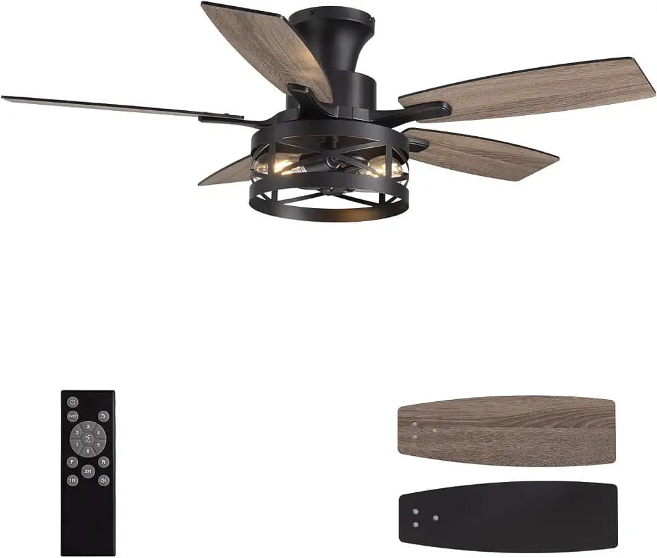 42 Inch Flush Mount Ceiling Fans with Lights and Remote, Farmhouse Low Profile Ceiling Fan with LED Lighting for Bedroom Living Room and Patio, Black Caged Ceiling Fan for Indoor and Outdoor(NO Bulbs)