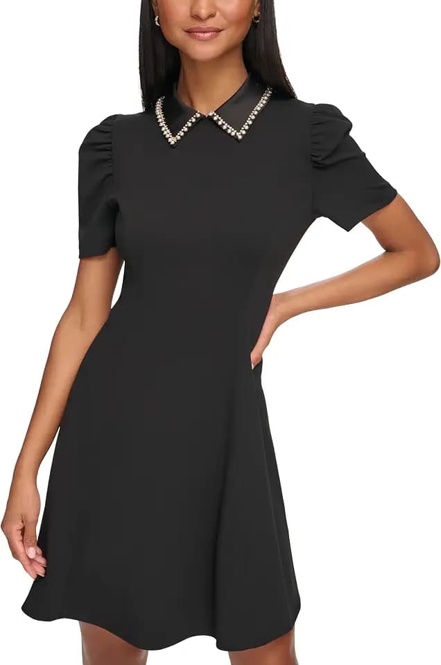 Karl Lagerfeld Women's Short Puff Sleeve Embellished Collar A-line Mini Dress