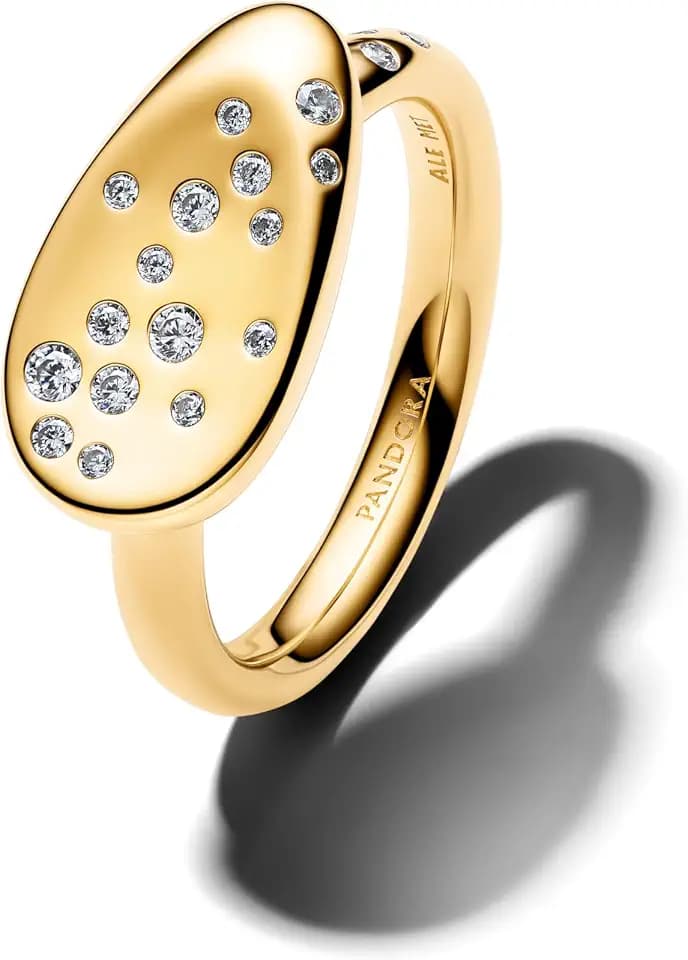 PANDORA Essence Kleiner Steinbesetzter Ovaler Siegelring mit 14K vergoldeter Metalllegierung und Zirkonia, Größe: 54, 164707C01-54