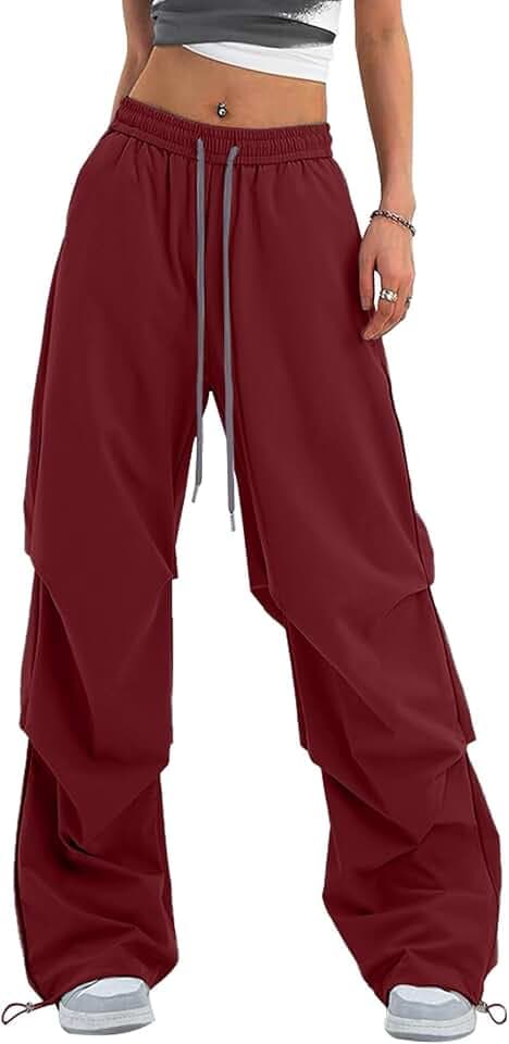 Bakyarder Women’s Y2K Baggy Parachute Pants Wide Leg Casual with Adjustable Drawstring Waist