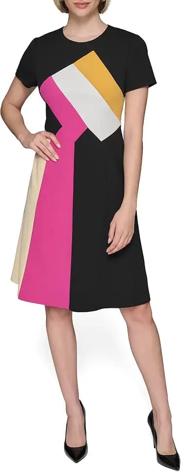 Karl Lagerfeld Women's Color Block Recycled Scuba Crepe Short Sleeve a Line Dress