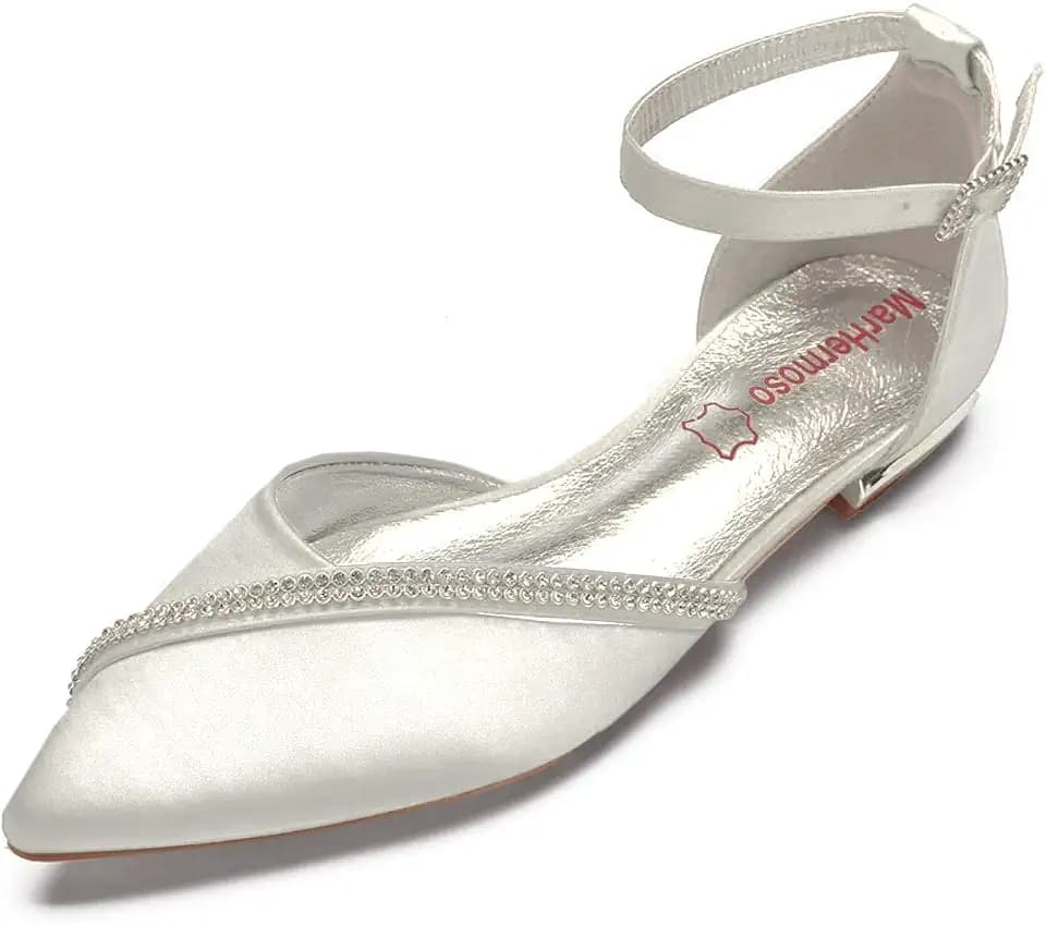 Damen-Satin-Pumps mit Knöchelriemen, Kreuzriemen, seitlichen Schmucksteinen, spitz zulaufend