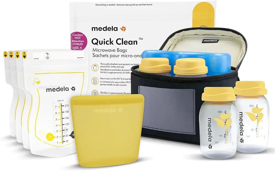 Medela All-in-One Set zur Aufbewahrung von Muttermilch mit 150ml-Flaschen, Easy Pour & wiederverwendbaren Muttermilchbeuteln, Quick Clean Mikrowellenbeuteln & Kühltasche mit passend geformtem Kühlakku