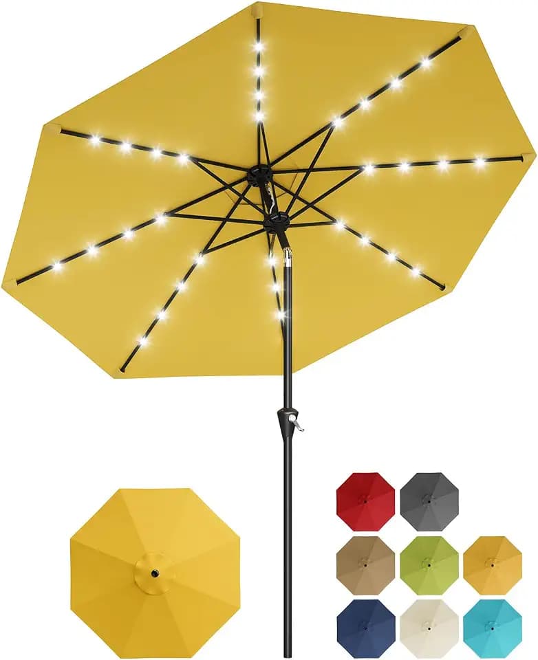 Garvee 10FT Solar Patio Umbrella with 32 LED Lights - Outdoor Table Umbrella with Crank Lift, Push Button Tilt and 8 Sturdy Ribs - Market Umbrella UV Protection for Pool, Deck, Yard, Garden -Yellow