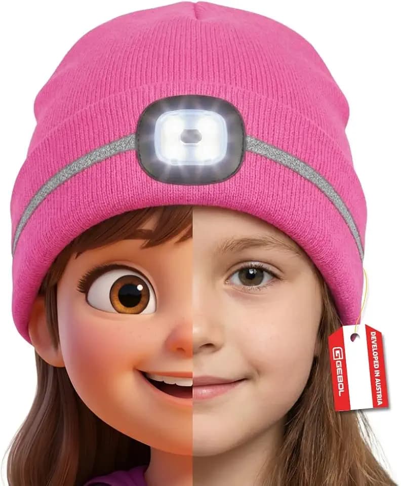 Gebol Haube LED Kinder 1 Stück, Beanie mit Licht & Reflektionsstreifen für Sicherheit, USB wiederaufladbar, Wintermütze mit 4 Leuchtmodi, Universalgröße