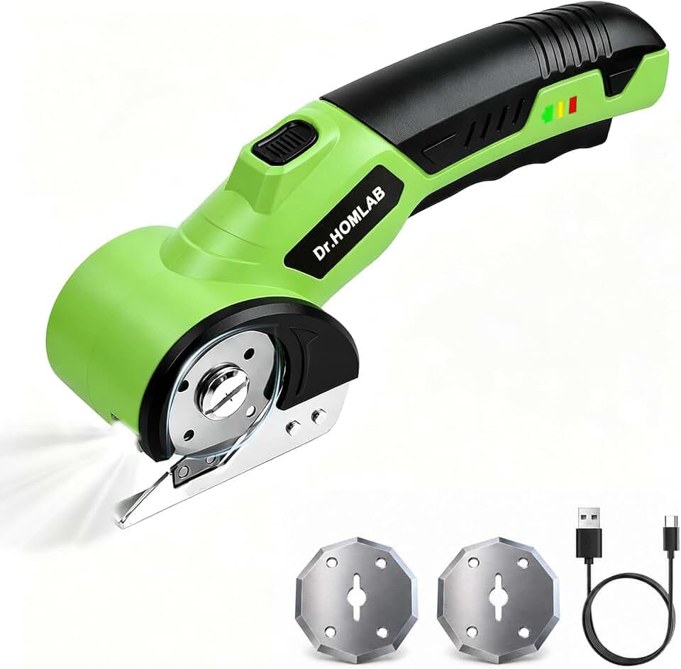 Kartonschneider, Elektrische Schere, Teppichschneider, Kabelloser 4.2V Akku Schere mit 3 Selbstschärfenden Klingen, LED-Licht für Papier, Karton, Teppich, Leder - Grün