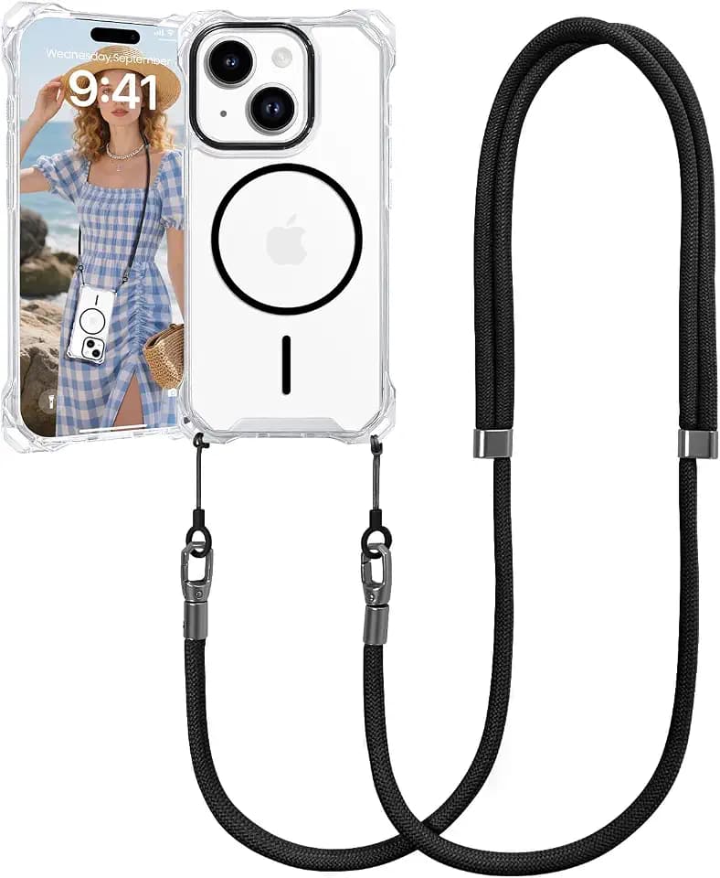 for iPhone 14 Case with Crossbody Lanyard, Compatible with MagSafe, Clear Magnetic Phone Case with Strap Adjustable, Shockproof Drop Protection, for iPhone 14 6.1''