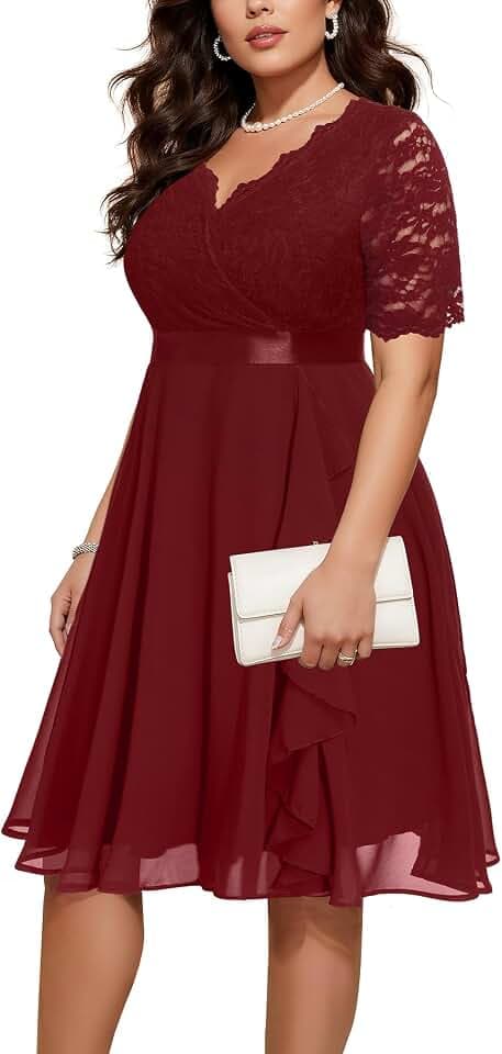 Talisea Plus Size Wedding Guest Lace Chiffon Ruffle Tea Length Dress