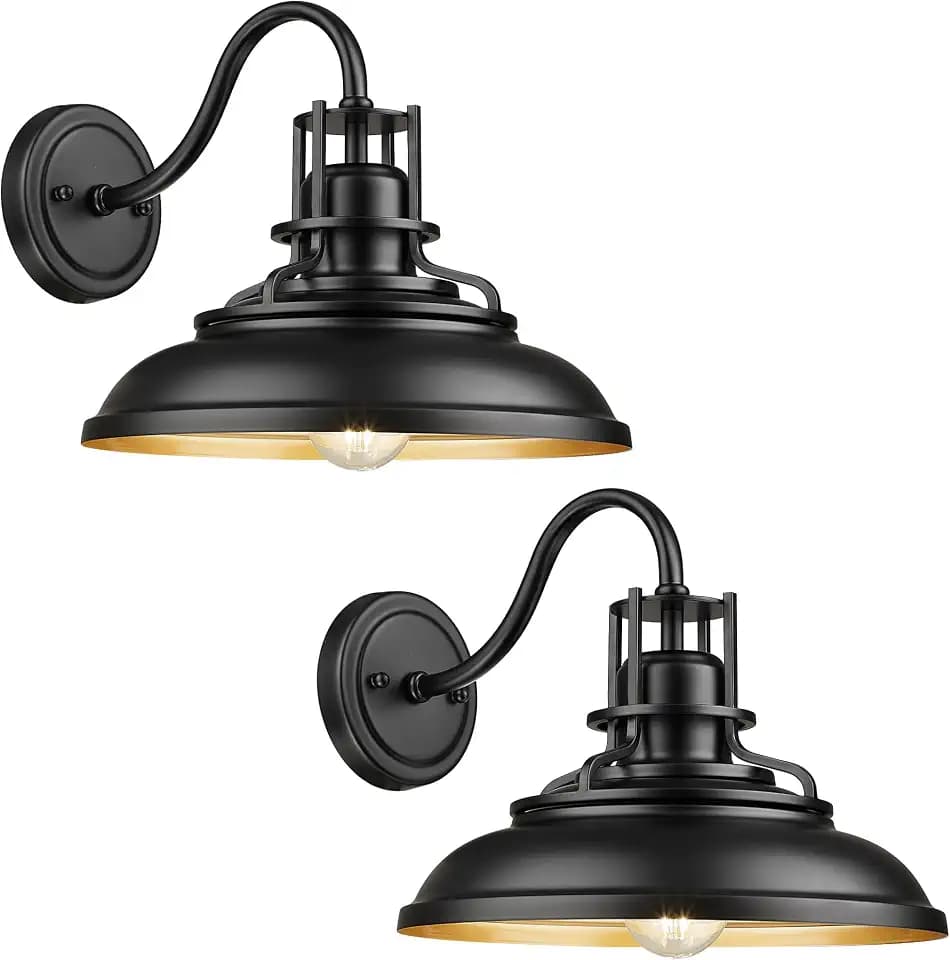 FEMILA Outdoor Barn Light Fixture, 12" Exterior Lighting Fixtures Wall Mount, 2 Pack Farmhouse Outdoor Sconce Front Porch Light for Garage, Patio, Black & Gold Finsih 4FY15-1W-2PK BK