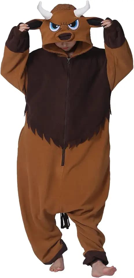 Schlafanzug für Erwachsene, Motiv: Buffalo Bison, Kuh, Tier, Pyjama, Halloween, Cosplay, Rinderkostüm, Nachtwäsche für Damen und Herren