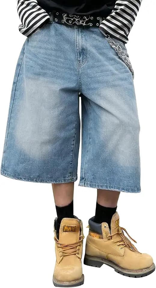 HUNGSON Mens Baggy Jean Shorts for Men Women Loose Fit Long Y2k Skater Vintage Plain Jorts Casual Wide Leg 16.5 Inch Inseam